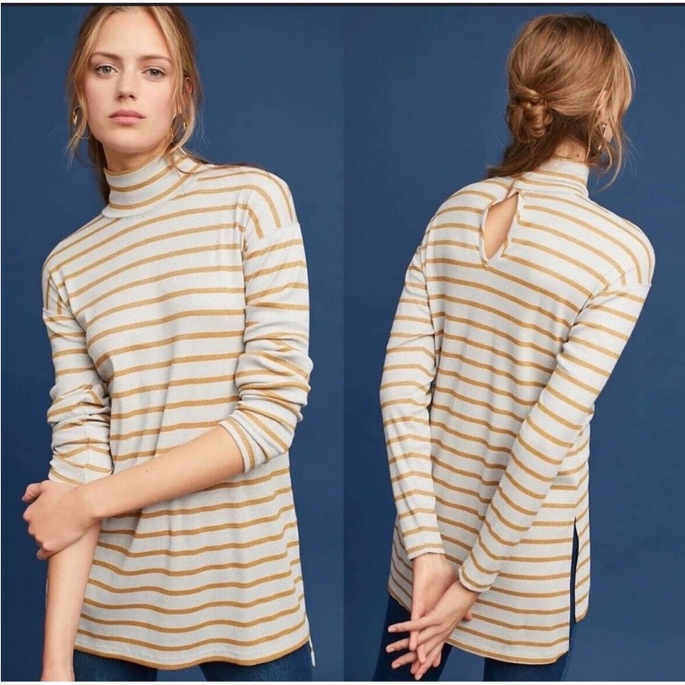 Anthropologie Vanessa Virginia Gray & Gold Metallic Striped Turtleneck Tunic